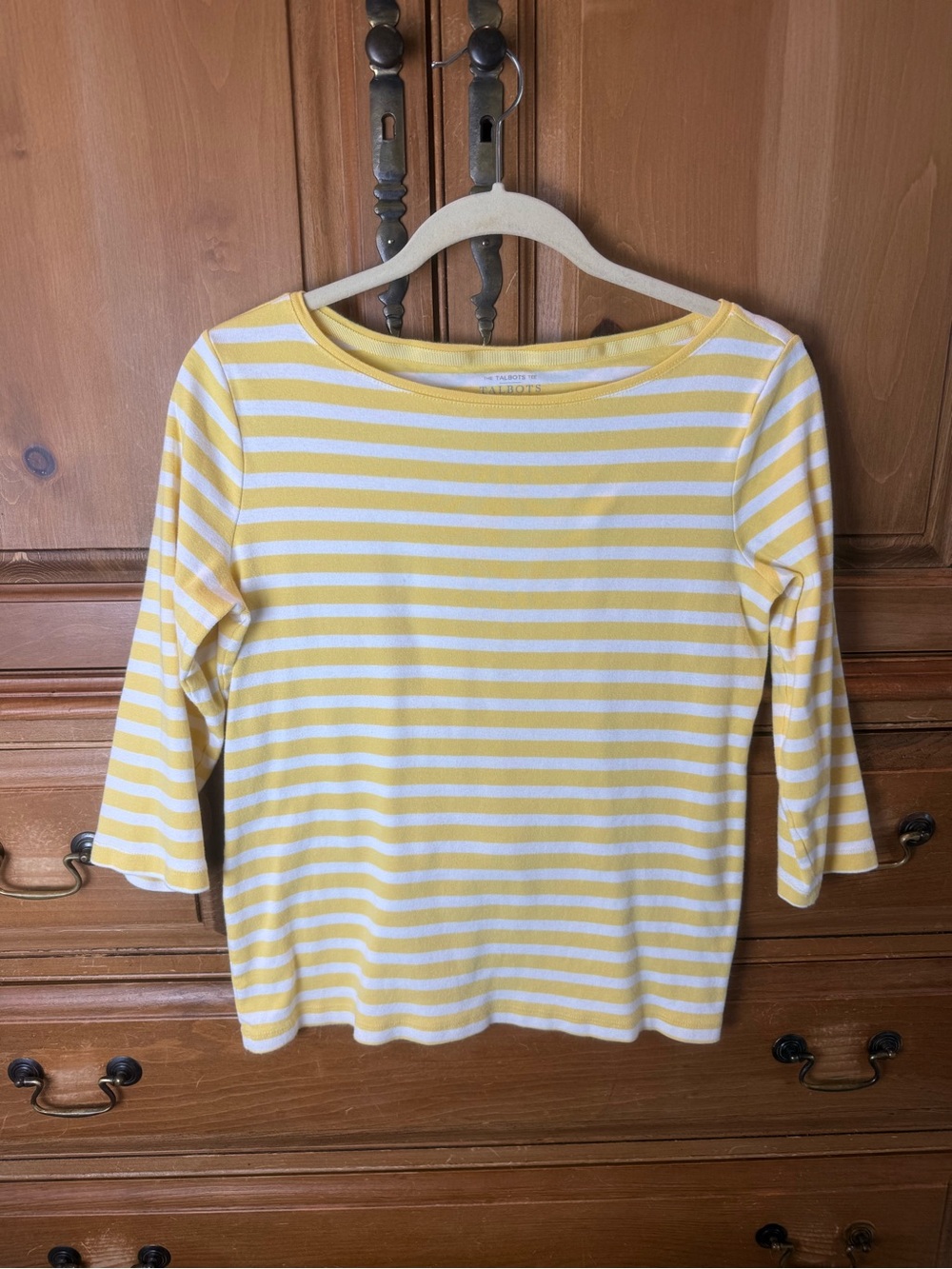 Talbots Striped Yellow & White Boatneck 3/4 Sleeve Top